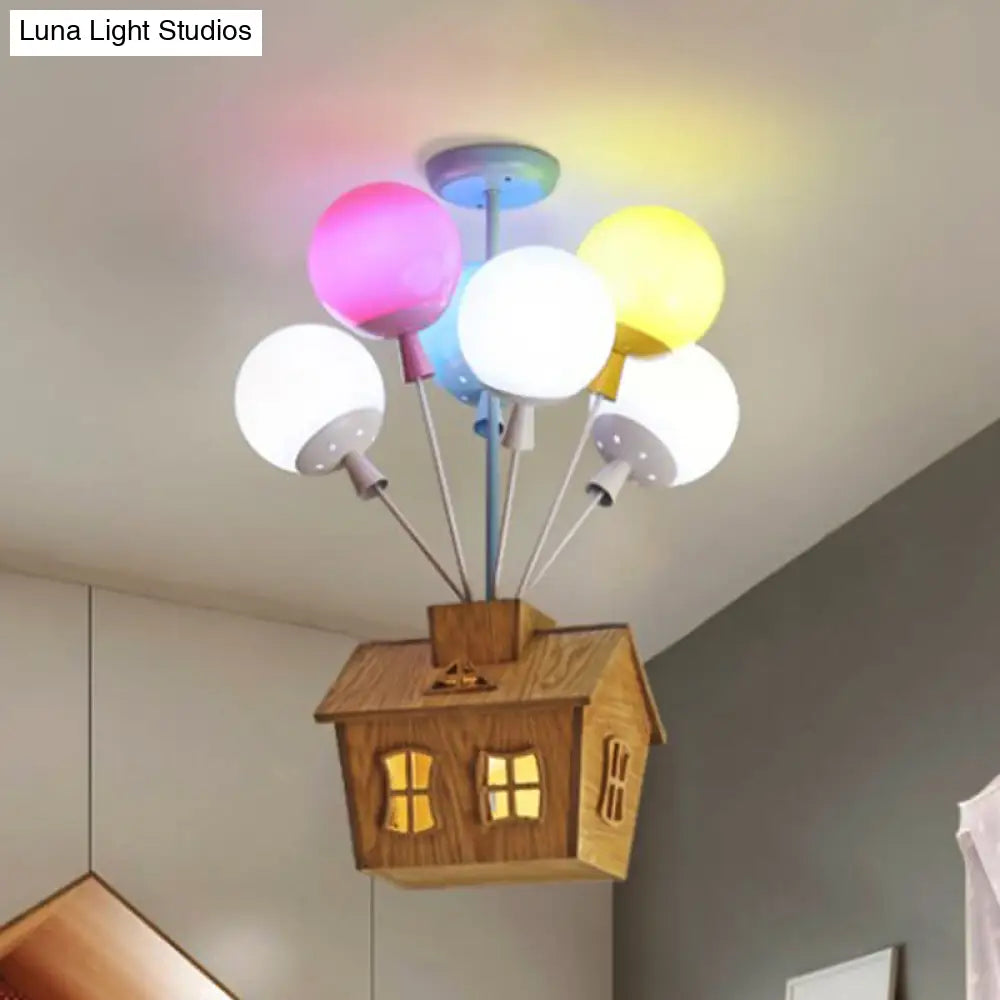 Kids Ceiling Balloon Nursery Light: Blue-Pink-Yellow Glass Wooden House Design 6 Lights Semi Flush