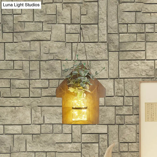 Wooden House Wall Light With Modern Flower/Plant String Accent Ideal For Cafes And Tea Shops