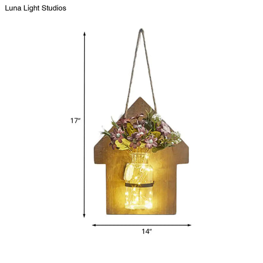 Wooden House Wall Light With Modern Flower/Plant String Accent Ideal For Cafes And Tea Shops
