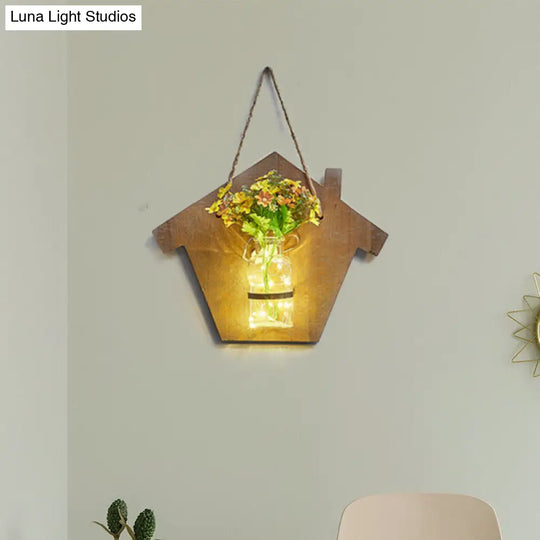 Wooden House Wall Light With Modern Flower/Plant String Accent Ideal For Cafes And Tea Shops