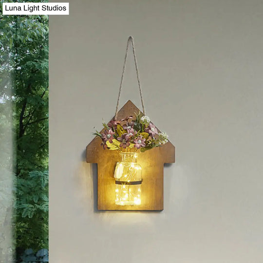 Wooden House Wall Light With Modern Flower/Plant String Accent Ideal For Cafes And Tea Shops