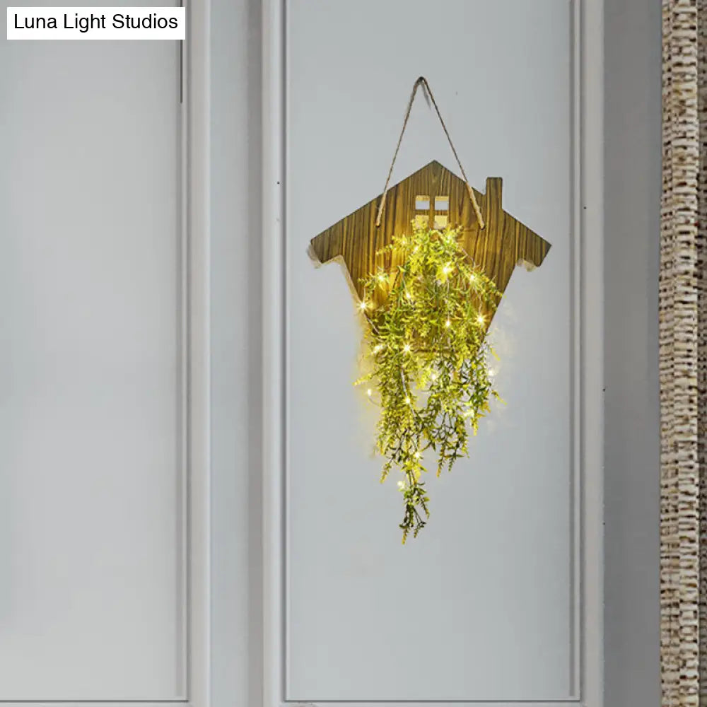 Wooden House Wall Light With Modern Flower/Plant String Accent Ideal For Cafes And Tea Shops