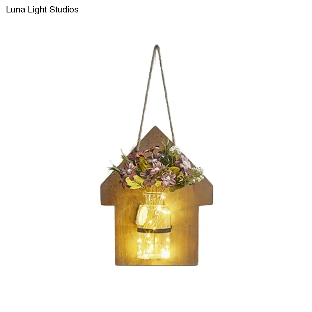 Wooden House Wall Light With Modern Flower/Plant String Accent Ideal For Cafes And Tea Shops
