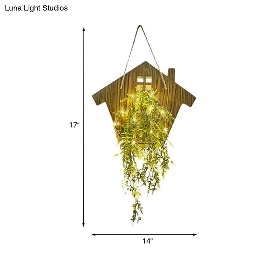 Wooden House Wall Light With Modern Flower/Plant String Accent Ideal For Cafes And Tea Shops