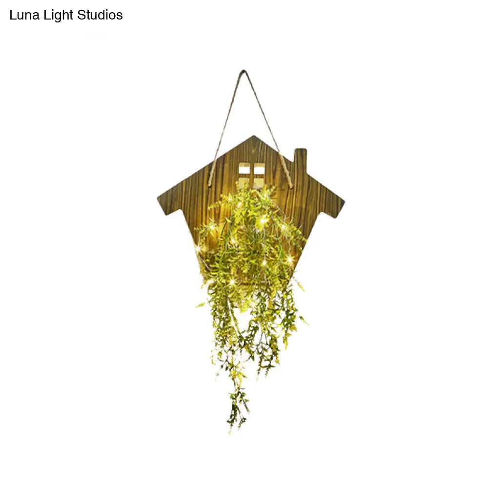 Wooden House Wall Light With Modern Flower/Plant String Accent Ideal For Cafes And Tea Shops