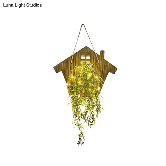Wooden House Wall Light With Modern Flower/Plant String Accent Ideal For Cafes And Tea Shops