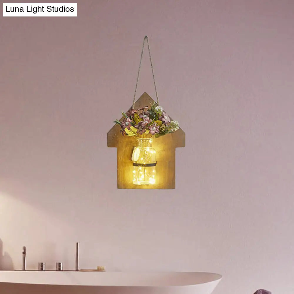 Wooden House Wall Light With Modern Flower/Plant String Accent Ideal For Cafes And Tea Shops