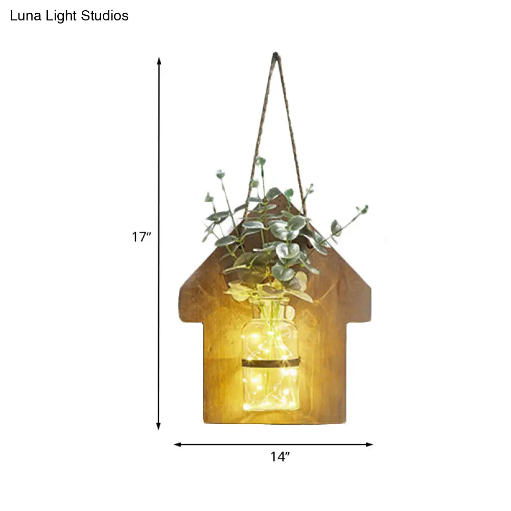 Wooden House Wall Light With Modern Flower/Plant String Accent Ideal For Cafes And Tea Shops