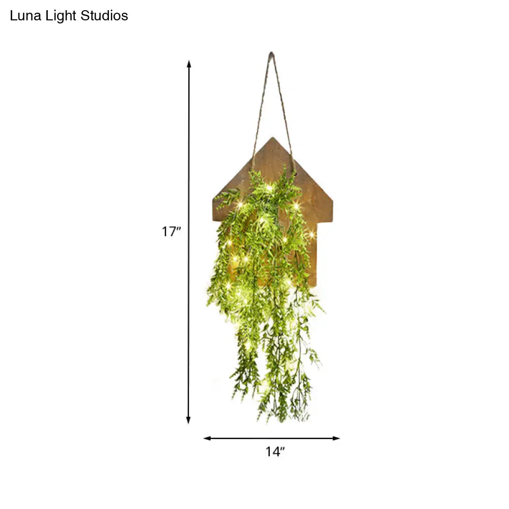 Wooden House Wall Light With Modern Flower/Plant String Accent Ideal For Cafes And Tea Shops