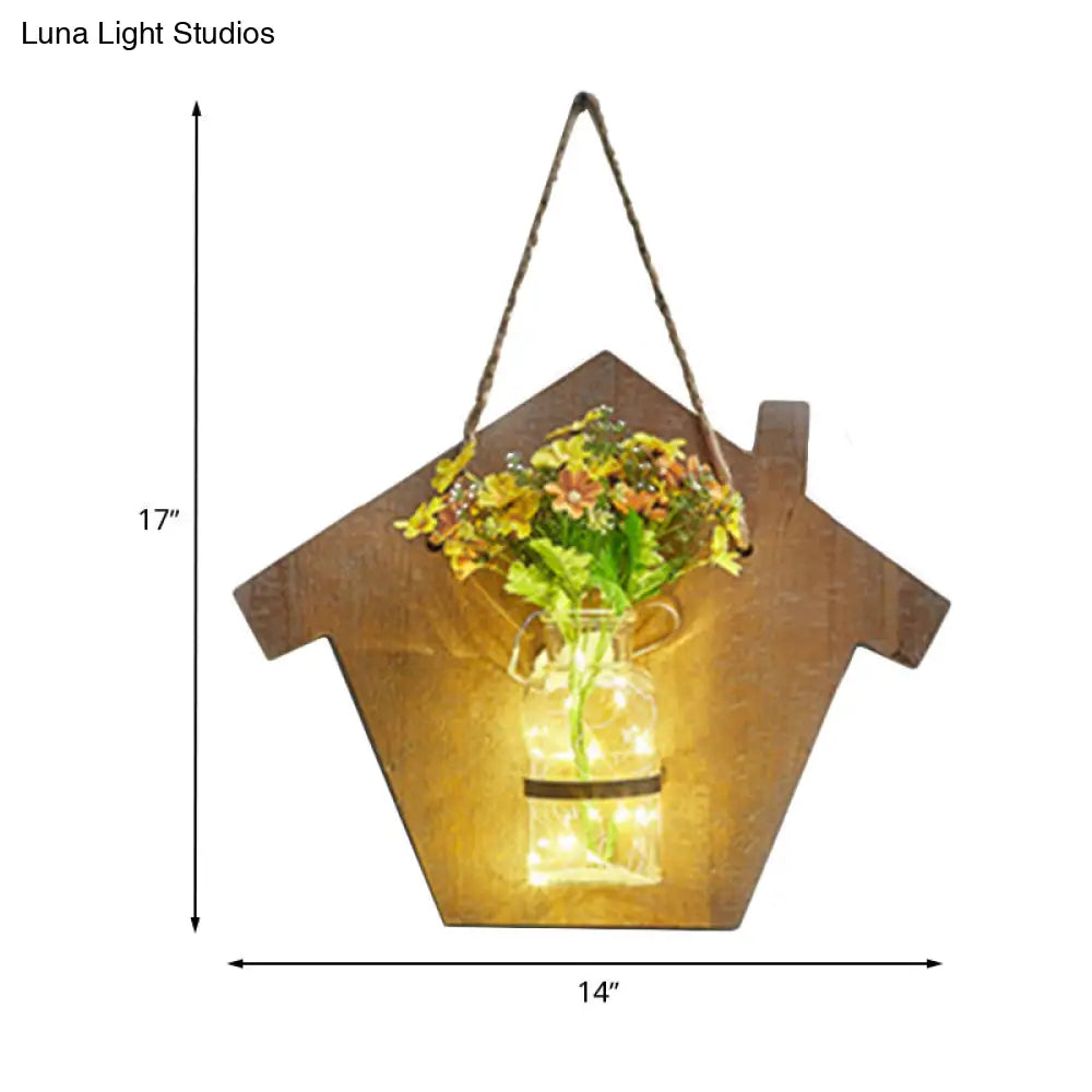 Wooden House Wall Light With Modern Flower/Plant String Accent Ideal For Cafes And Tea Shops
