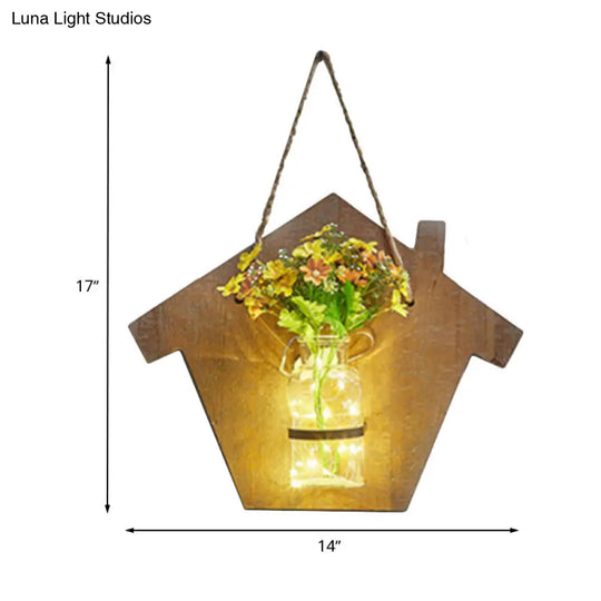 Wooden House Wall Light With Modern Flower/Plant String Accent Ideal For Cafes And Tea Shops