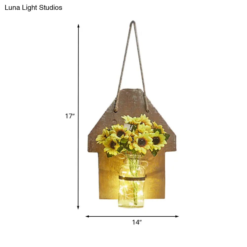 Wooden House Wall Light With Modern Flower/Plant String Accent Ideal For Cafes And Tea Shops