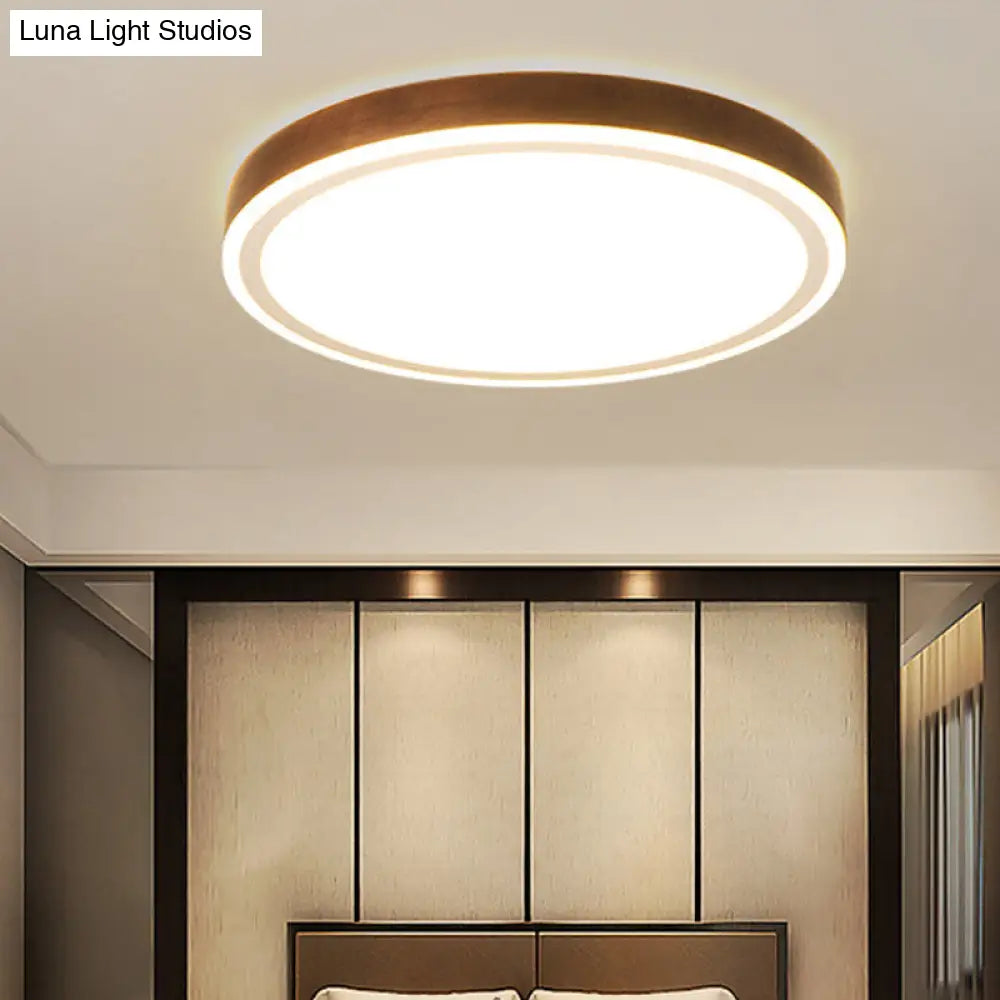 Wooden Led Flush Mount - Minimalist Round Light Fixture For Bedroom In Brown