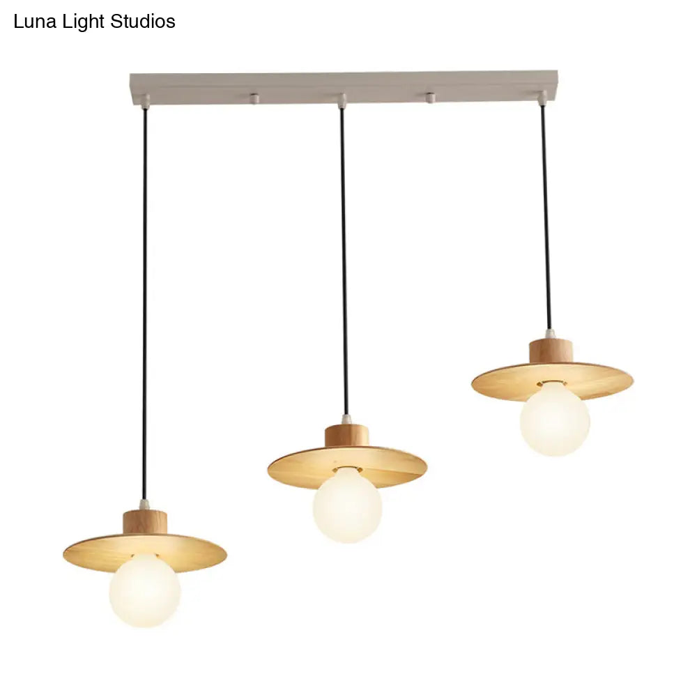 Wooden Modernism Hanging Lamp Kit - 3-Head Ceiling Light In Beige For Dining Room