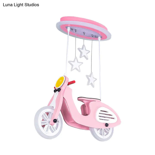 Wooden Motorcycle Ceiling Light With Led Cartoon Blue/Pink Design And Acrylic Shade