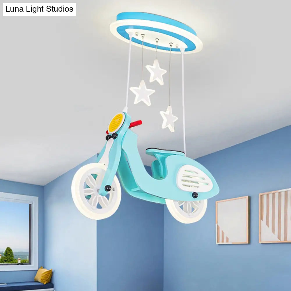 Wooden Motorcycle Ceiling Light With Led Cartoon Blue/Pink Design And Acrylic Shade Blue
