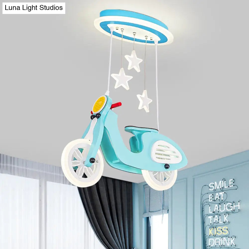 Wooden Motorcycle Ceiling Light With Led Cartoon Blue/Pink Design And Acrylic Shade