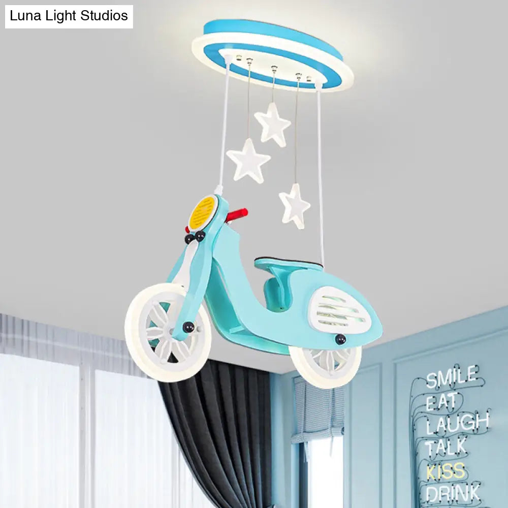Wooden Motorcycle Ceiling Light With Led Cartoon Blue/Pink Design And Acrylic Shade