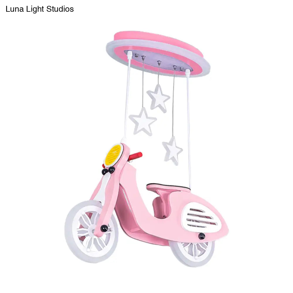 Wooden Motorcycle Ceiling Light With Led Cartoon Blue/Pink Design And Acrylic Shade