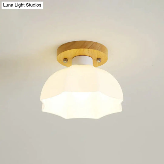 Wooden Nordic Semi Flush Ceiling Light With White Glass - Small Size / C