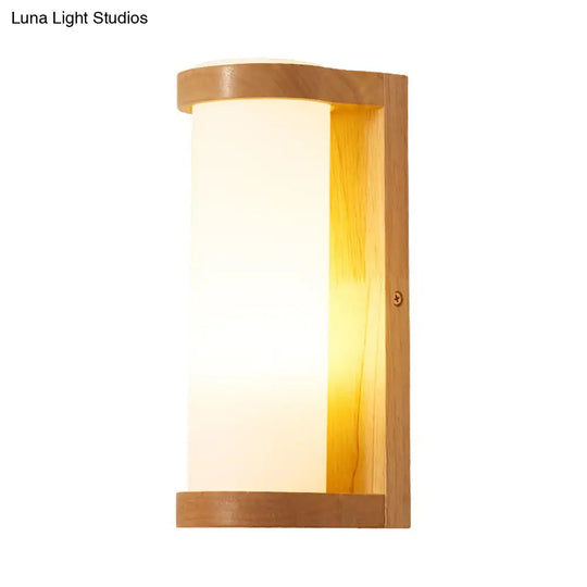 Wooden Rectangle Sconce Lamp With Opal Glass Shade - Simple Corner Wall Mount Lighting