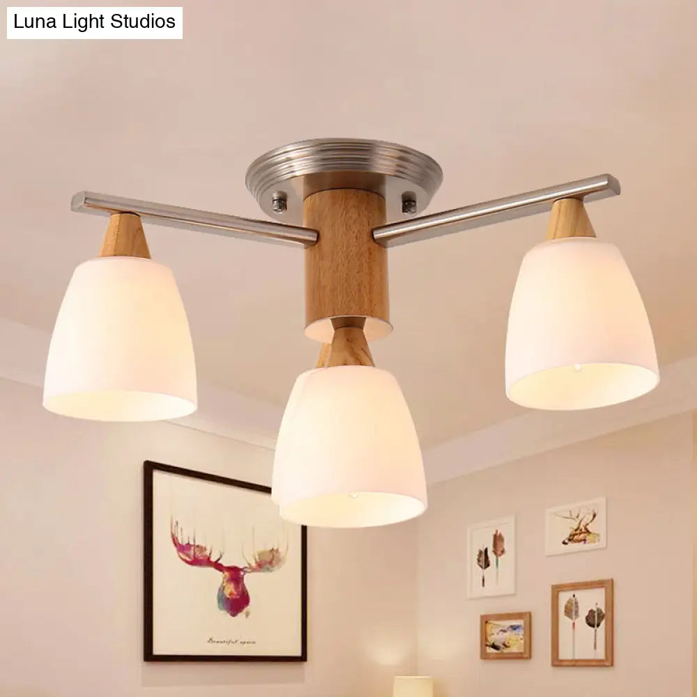 Sleek 4-Light Modern White Glass Semi Flush Mount With Wooden Accents
