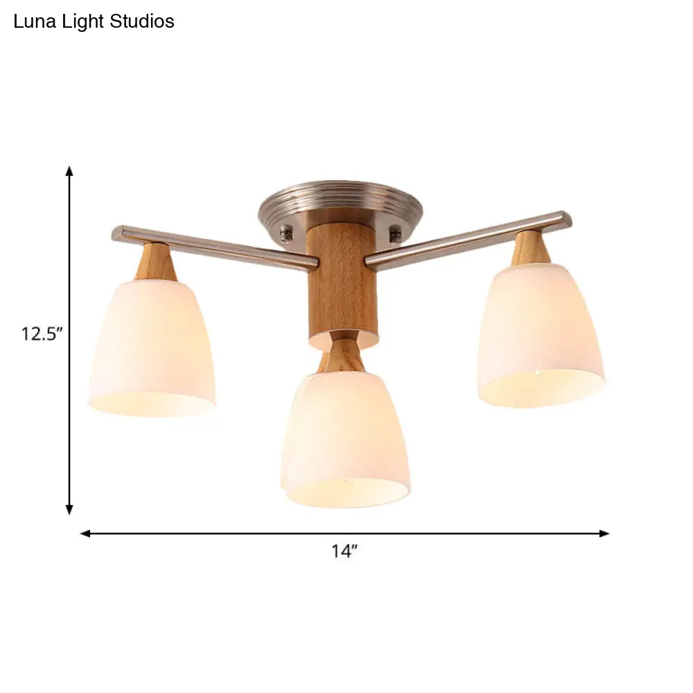 Sleek 4-Light Modern White Glass Semi Flush Mount With Wooden Accents