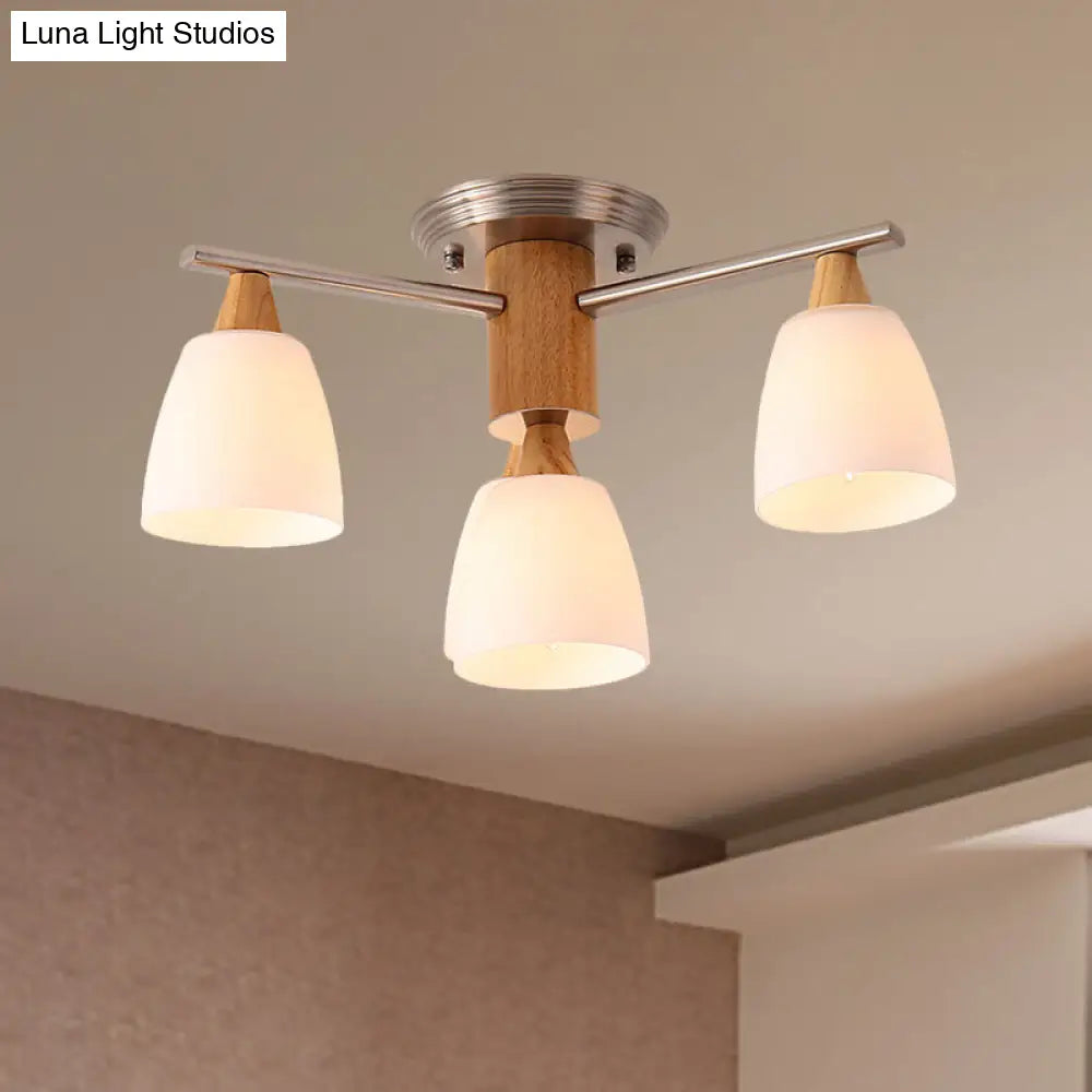 Sleek 4-Light Modern White Glass Semi Flush Mount With Wooden Accents