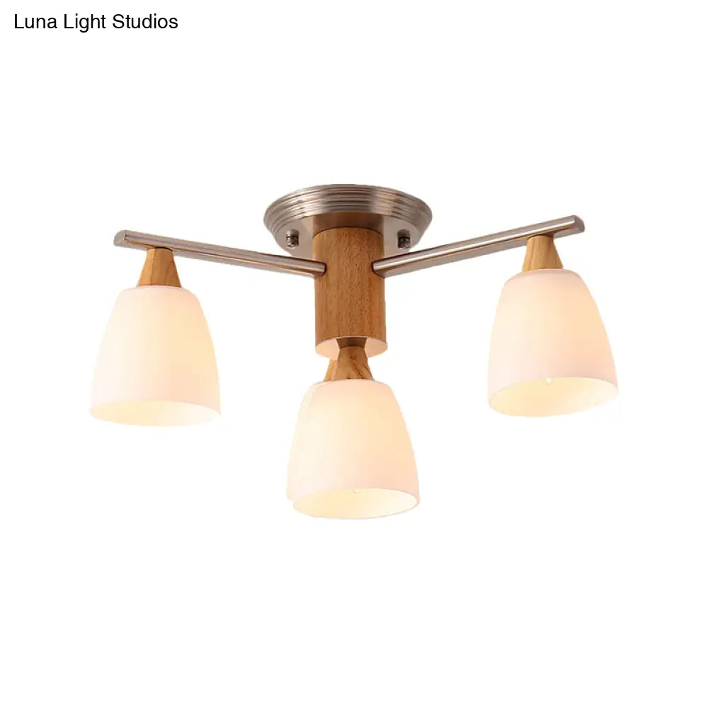 Wooden Semi Flush Mount Light With Modern White Glass Shade & 4 Tapered Lights