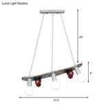 Wooden Skateboard Shaped Chandelier Lamp - Cartoon-Style 3 Lights Red/Blue