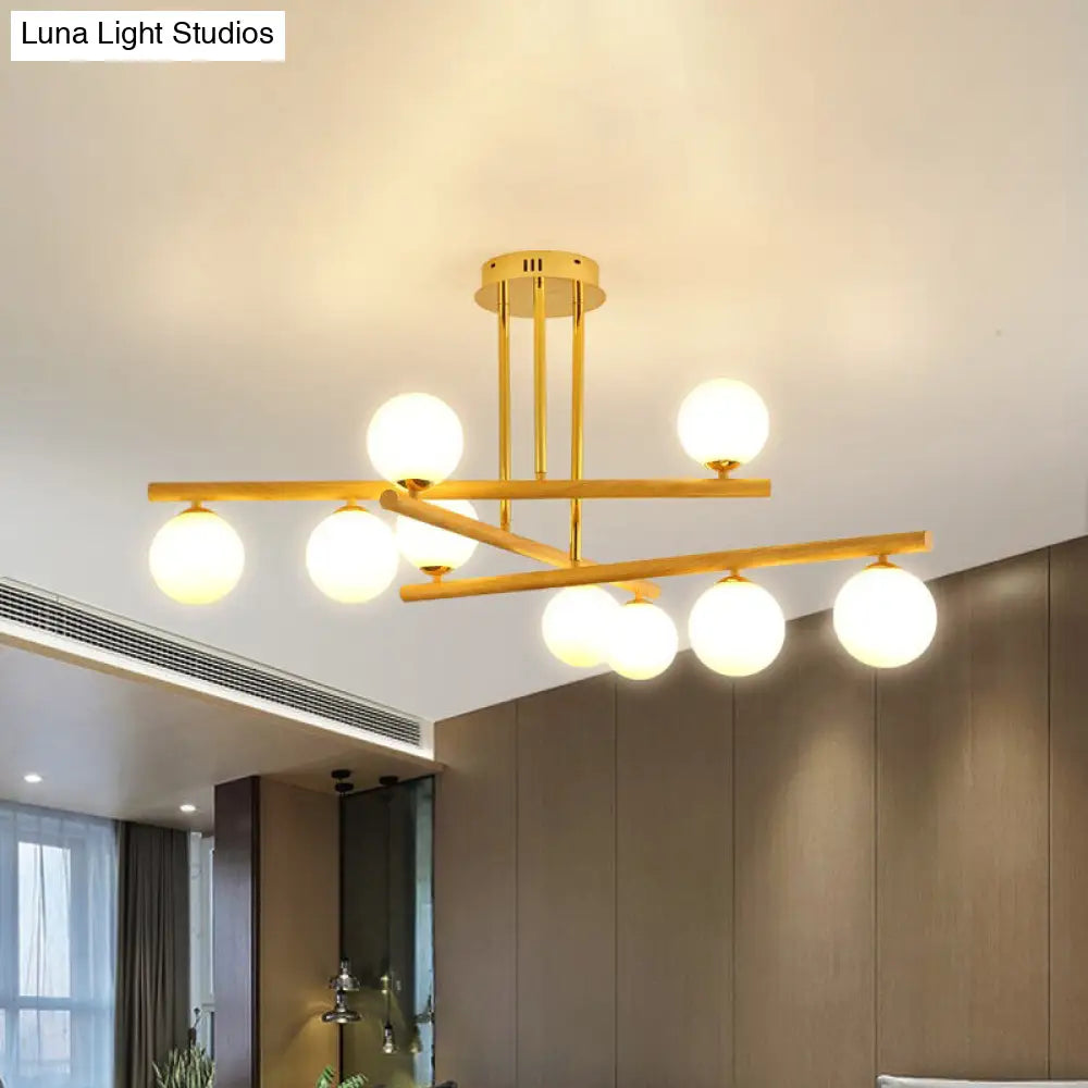 Modern Wood And Glass Sphere Chandelier - Minimalist Hanging Light For Bedroom