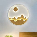 Wooden Sunlit Mountain Wall Lamp - Asian Circular Led Lighting In Yellow
