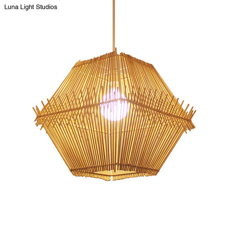 Woven Bamboo Pendant Ceiling Light - Contemporary 1-Head Wood Drop With/Without Shade
