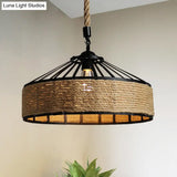 Wrought Iron Barn Pendant Light With Hemp Rope Single Bulb Drop Lamp For Bars