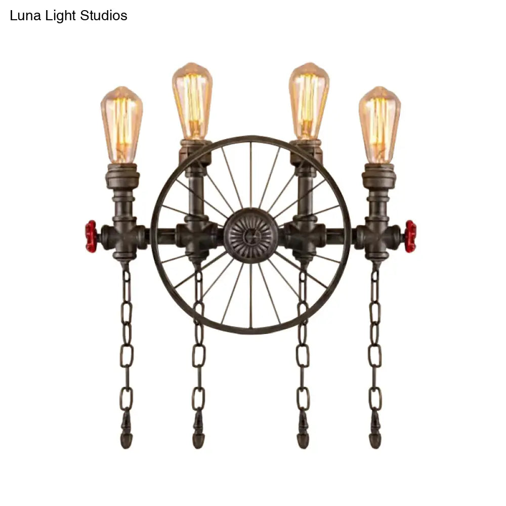 Wrought Iron Bistro Wall Light With Decorative Wheel And Chain In Silver/Bronze - 2/4-Light Loft