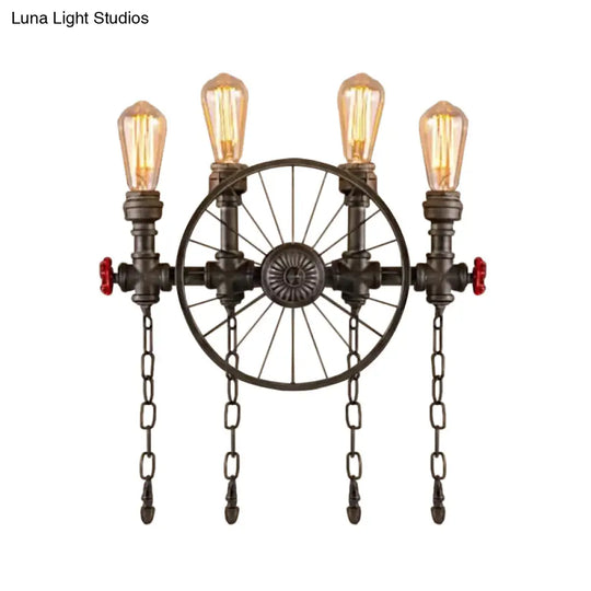 Wrought Iron Bistro Wall Light With Decorative Wheel And Chain In Silver/Bronze - 2/4-Light Loft