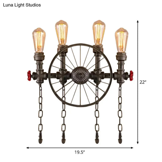 Wrought Iron Bistro Wall Light With Decorative Wheel And Chain In Silver/Bronze - 2/4-Light Loft