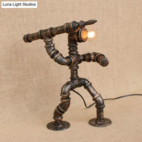 Wrought Iron Vintage Standing Lamp In Bronze With Pipe Man And Bare Bulb - Table Lighting