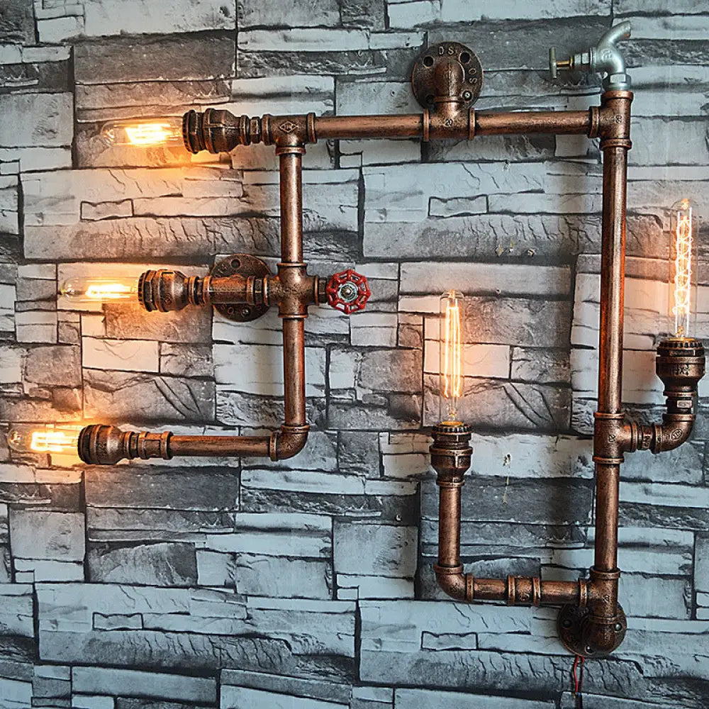 Wrought Iron Vintage Wall Sconce With Aged Brass Finish & 5 Bare Bulb Lights - Piped Design Mount