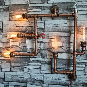 Wrought Iron Vintage Wall Sconce With Aged Brass Finish & 5 Bare Bulb Lights - Piped Design Mount