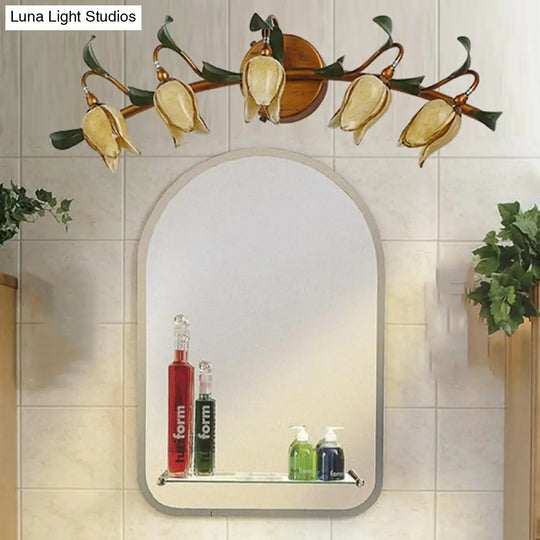 Yellow Flower Rustic Glass Sconce For Bathroom Wall - Swirled Gold Arm 3/5 Lights Fixture