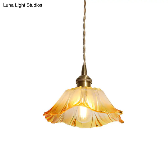 Industrial Yellow Glass Flower Pendant Light For Restaurants - Single Ceiling Hang