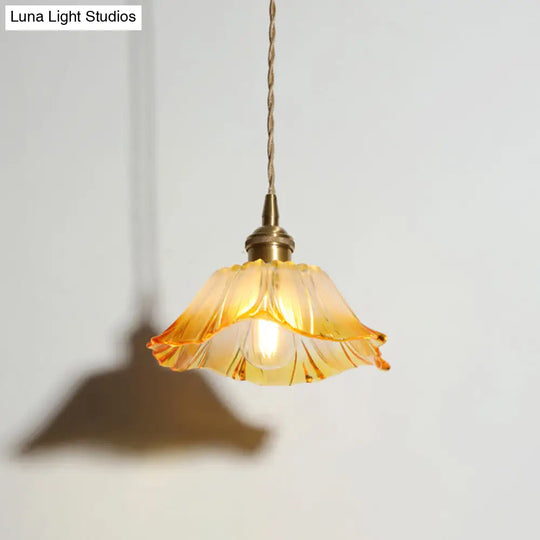 Industrial Yellow Glass Flower Pendant Light For Restaurants - Single Ceiling Hang