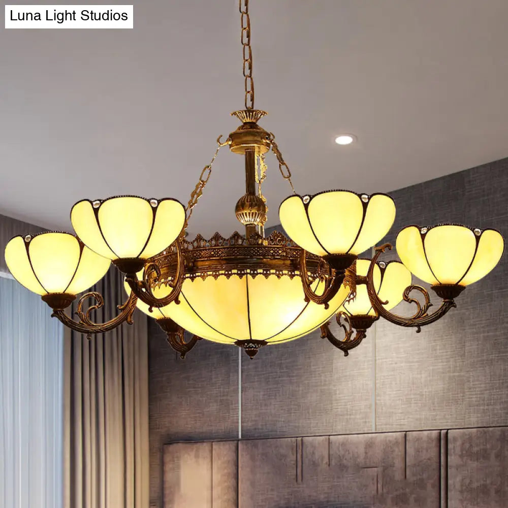 Yellow Glass Pendant Chandelier With Baroque Design - 8 Lights Black Drop Lamp For Bedroom
