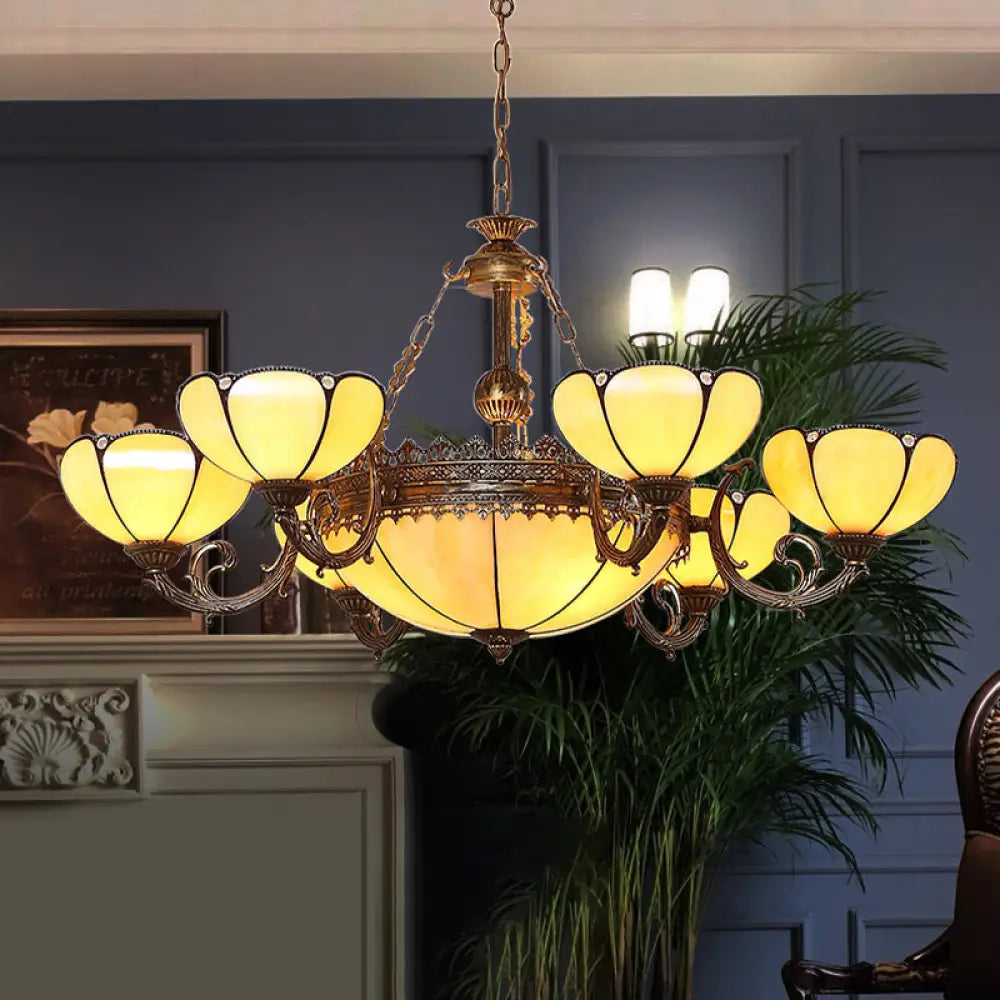 Yellow Glass Pendant Chandelier With Baroque Design - 8 Lights Black Drop Lamp For Bedroom