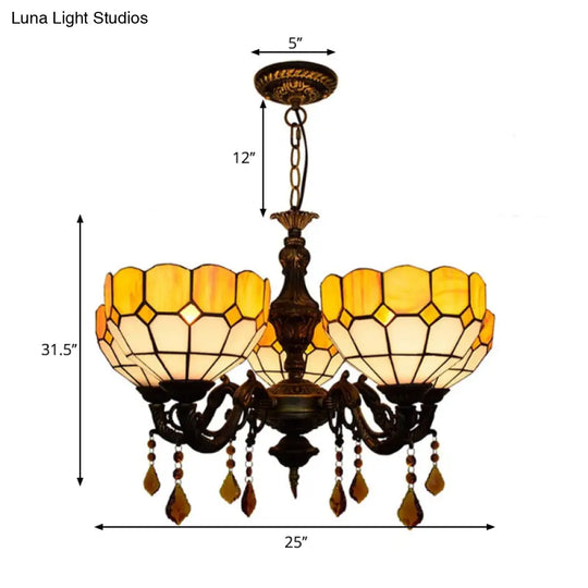 Yellow Glass Shade Chandelier: 5 Heads Rustic Design With Crystal Accents For Dining Room