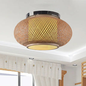Yellow Lantern Shade Flush Light - Contemporary Style 16’/19.5’ Dia 1 - Head Bamboo Ceiling