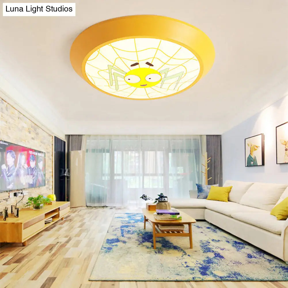 Yellow Round Spider Cartoon Ceiling Light - Acrylic Flush Mount / White