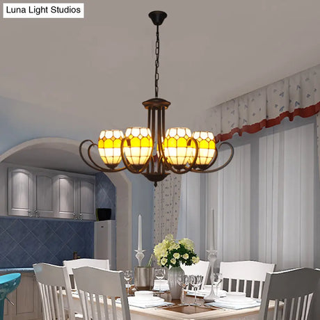 Yellow Stained Glass Oval Chandelier With Adjustable Chain - Ideal For Restaurants (6/8 Lights)