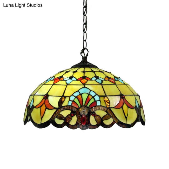 Yellow Stained Glass Lodge Pendant Lamp For Dining Room - 1 Light